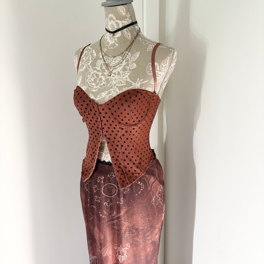 Out from Under Urban Outfitters Polka Dot Lace Up Corset Top Terracotta Brown S